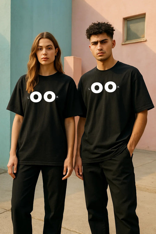 Unisex “LOOK” Eyes Graphic T-Shirt – Oversized Fit (Black)
