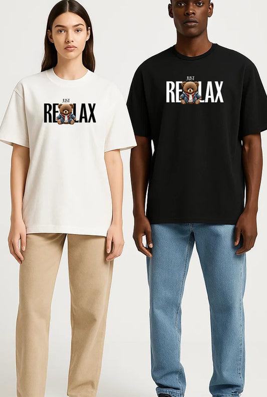 Unisex “Just Relax” Teddy Graphic T-Shirt – Oversized Fit (Black & White)