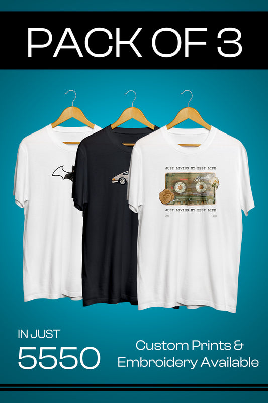 Combo Pack of 3 – Plain & Custom T-Shirts | Print & Embroidery