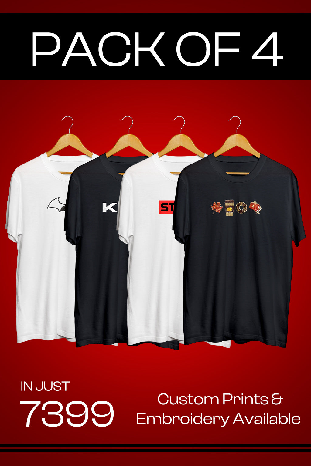 Combo Pack of 4 – Plain & Custom T-Shirts | Print & Embroidery