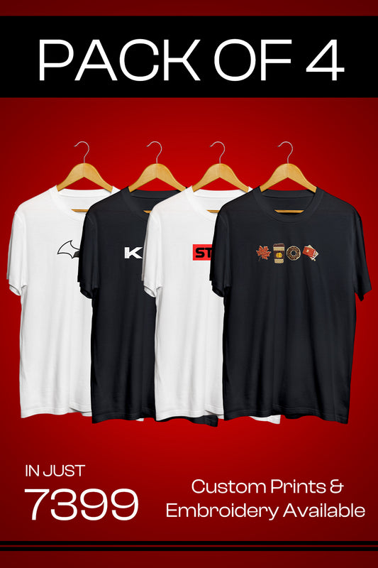 Combo Pack of 4 – Plain & Custom T-Shirts | Print & Embroidery