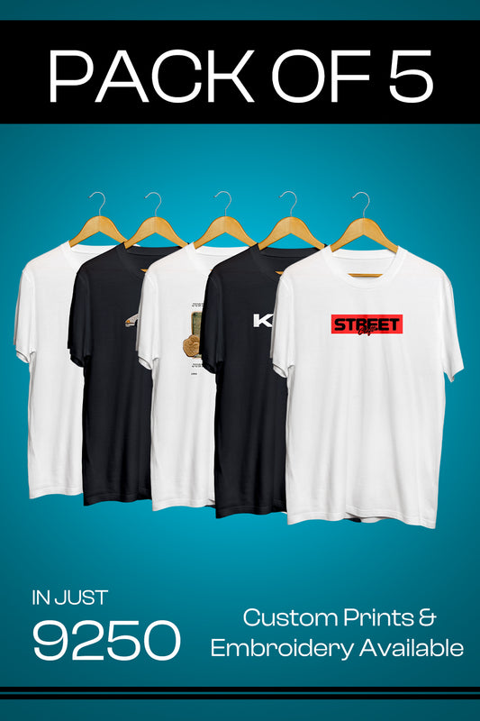 Combo Pack of 5 – Plain & Custom T-Shirts | Print & Embroidery